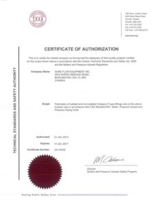 TSSA Certificate of Authorization for Fabrication of Welded and Non-welded Category H Type Fittings Sure Flow Equipment