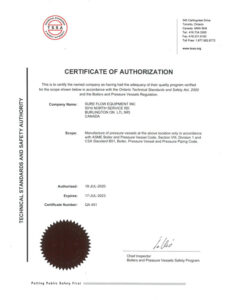TSSA Certificate of Authorization Manufacture of Pressure Vessels